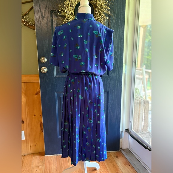 Blue Midi Dress 80s Blouson Floral Print Dress Button Back 80s Draped High Waist - Picture 5 of 14